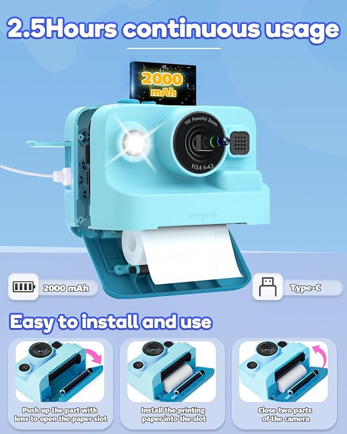Dylanto Kids Camera Instant Print,1080P Kids Instant Cameras That Print Photos,Christmas Birthday Gifts for Girls Age 3-12,Portable Toy for 3 4 5 6 7 8 9 10 Year Old Girls Boys-Blue