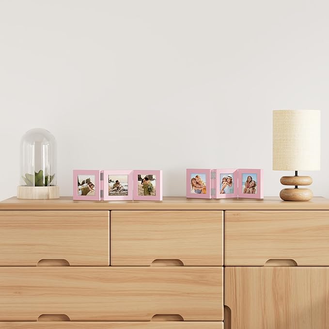 decorUhome Triple 4x4 Picture Frame Vertical, Engineered Wood Trifold Photo Frame with Plexiglass for Tabletop Display, 4x4, Pink
