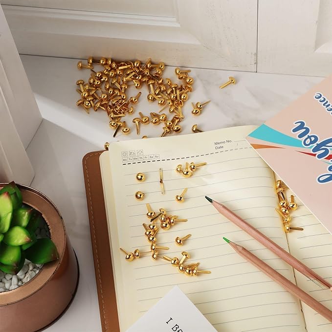 Hotop 500 Pcs Brads for Paper Crafts Metal Round Brass Paper Fasteners for Craft Art Crafting School DIY Supplies(0.3 x 0.6, 0.24 x 0.47, 0.2 x 0.3 Inch,Golden)