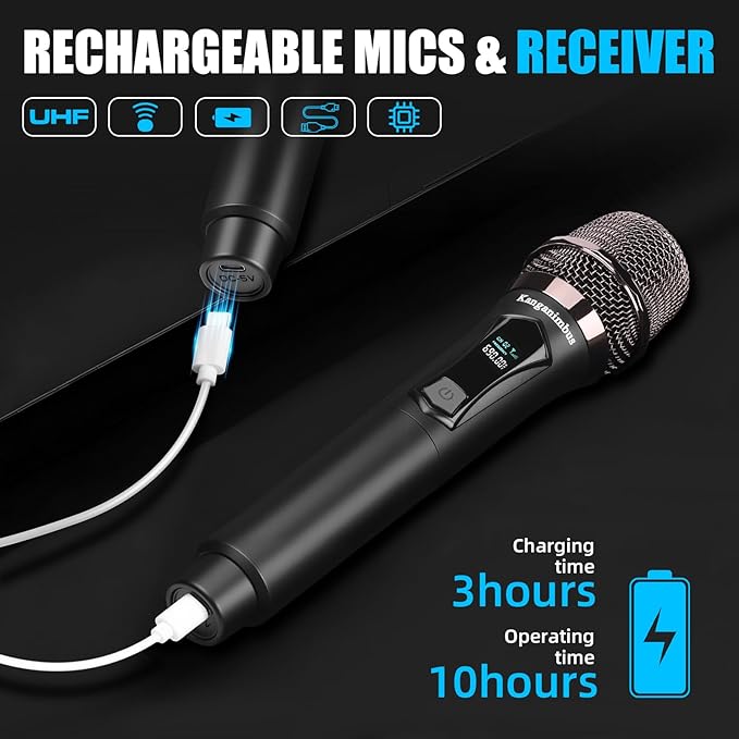 Wireless Microphone, Professional Dual-Handheld Dynamic Wireless Microphone System With Rechargeable Receiver, 200 Feet, Plug And Play, Ideal For Presentations, Weddings, And Public Address Systems