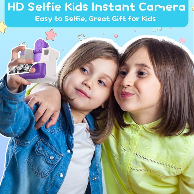 Kids Camera Instant Print, Christmas Birthday Gifts for Girl Boys 3-12 Years Old, FHD Selfie Digital Video Cameras Toddler 3 Rolls Print Paper & 32G Card (Retro, Purple-White)