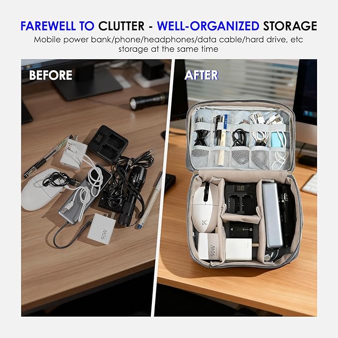 Cable Organizer bag for women or men,Electronic Accessories Carry Case Portable Waterproof Double Layers All-in-One Storage Bag for Cord, Charger, Phone, Earphone (Grey)