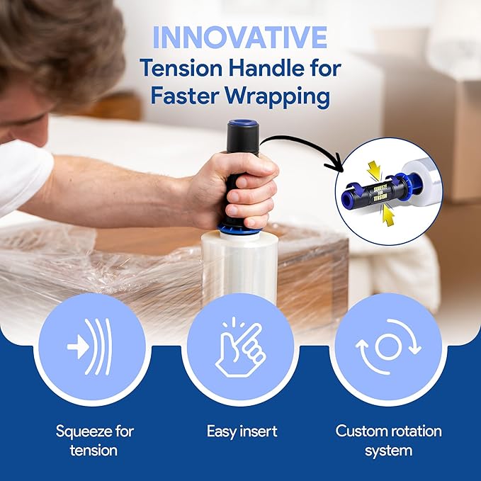 International Plastics Co. 70 Gauge 15" Plastic Stretch Film/Wrap with Extended Handles 1000ft Clear Moving Industrial Packing Heavy Duty Shrink Cling Durable Furniture (Extended Handles, 4 Pack)