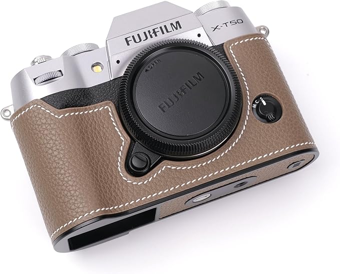 Handmade Genuine Leather Camera Half Case for Fujifilm X-T50 - Top Layer Cowhide Body + Metal Base Plate - Hand Shank Free Design (Brown)