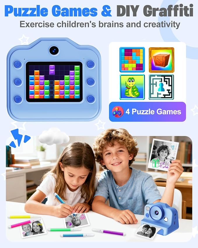 Instant Print Camera for Kids, Front Rear Dual Selfie Kids Camera with 1080P Videos, Christmas Birthday Gifts for Kids Ages 3-12, Toddler Digital Camera Toy for 4 5 6 7 8 Year Old Boys Girls (Blue)