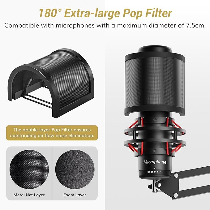 TONOR Microphone Boom Arm, Adjustable Microfono Stand Mic Arm with Extra-large Pop Filter, 3/8’’ and 5/8’’ Screwadapter, Equipment for Podcast, Recording, Streaming, 35cm+35cm, T10