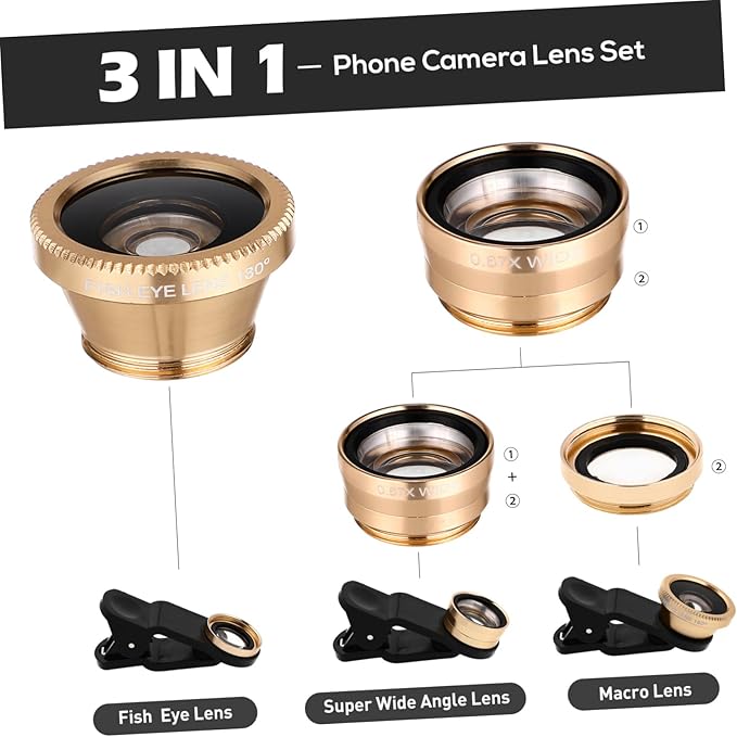 Mikikit Universal Portable Cell Phone Camera Lens Kit Super Wide Angle Macro Fisheye Clip Lens Golden Compatible Smartphones