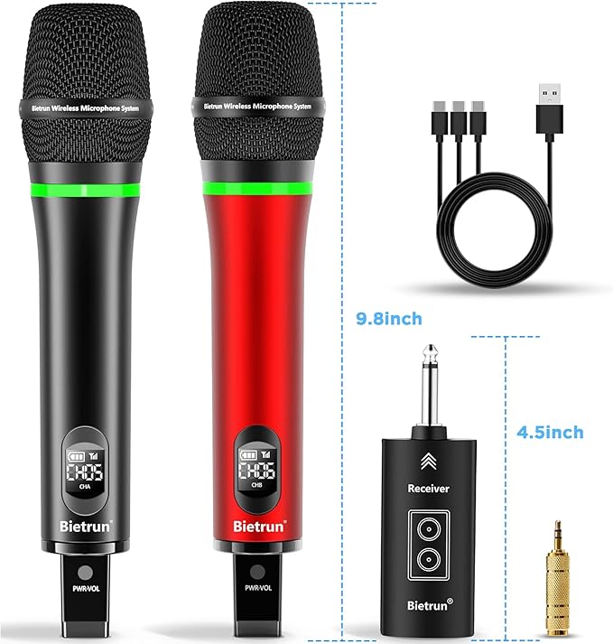 Bietrun Wireless Microphone, 240FT Rechargeable UHF Metal Dual Cordless Handheld Dynamic Mics with Bluetooth for Karaoke Machine, PA System Speaker, Mixer, Party, Church, Wedding(Red)