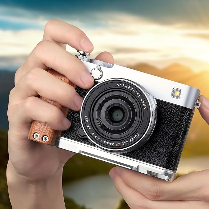 Haoge X-E5 L-Shape Grip for Fujifilm XE-5 Camera - Retro Grip Wooden Side Handle with Arca-Swiss Quick Release Plate-Silver, Extra Tripod 1/4 Hole & Hot Shoe Hole HG-XE5-W