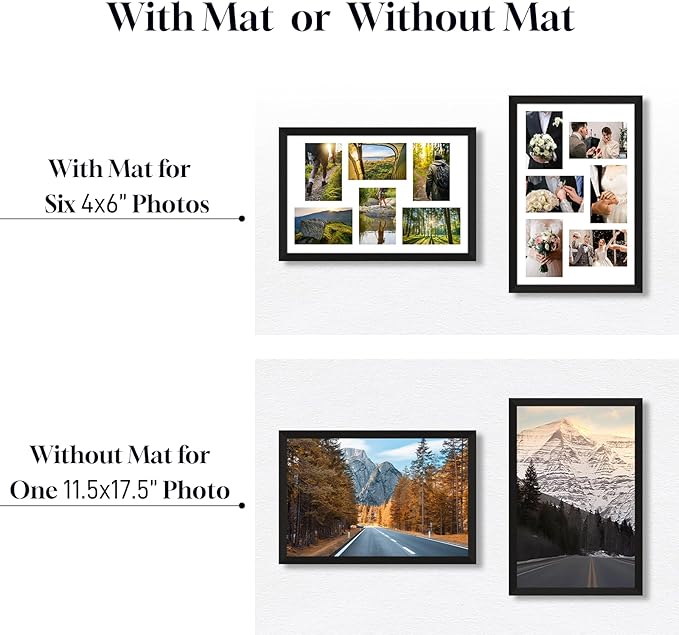 4x6 Picture Frame Collage 6 Openings, Multi Photo Collage Frame 11.5x17.5 Gallery Wall Decor Wooden, Black Frame with White Mat, Wood