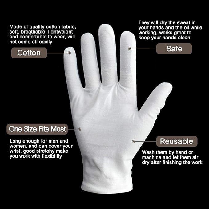 YITIAOYU 24 Pairs Soft White Cotton Gloves for Moisturizing Eczema Sleep Treatment, and Archival Inspection Handling of Coins, Jewelry, Silver, and Costume Artifacts(Large)