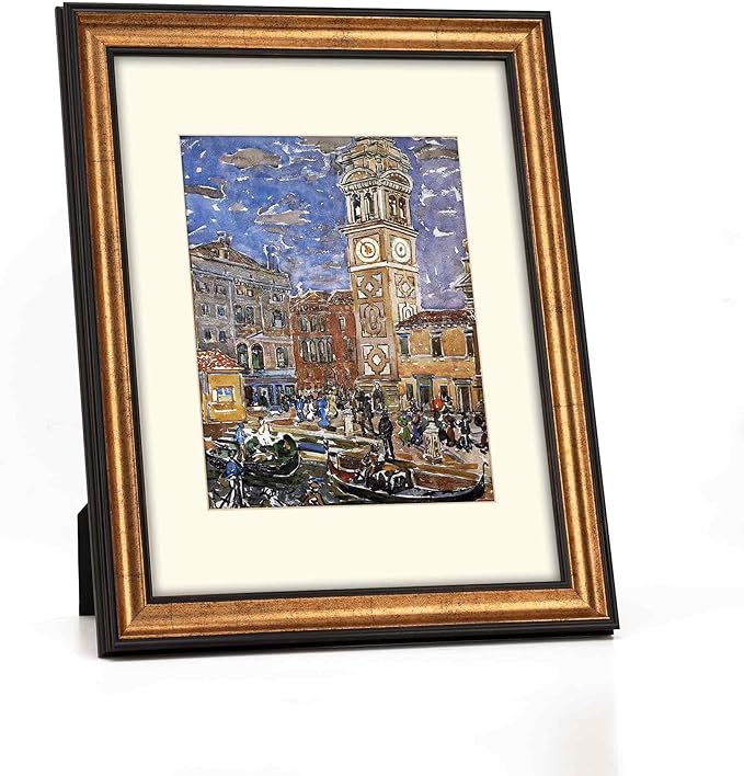 11x14 Antique Gold with Dark Brown Border Trim Wood Ornate Vintage Classic Picture Frame, With Mat 8x10 inches, Real Glass Protection, Horizontal or Vertical Display
