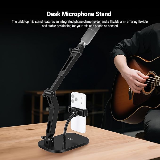 NEEWER Desk Microphone Stand with Phone Clamp & Flexible Arm, Adjustable Table Top Mic Holder Mount with 1/4" to 5/8" Screw Adapter Compatible with Blue Yeti Razer Seiren Mini, Max Load 3.3 lbs, MS022
