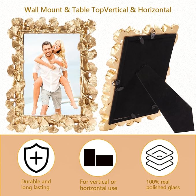 Picture Photo Frames 4x6, Gold Leaf Photo Frame,Vintage Picture Frame for Tabletop Stand or Hanging, Elegant Picture Frames for Desk or Wall,Tabletop, Counterspace, Shelf (Gold, 4x6)