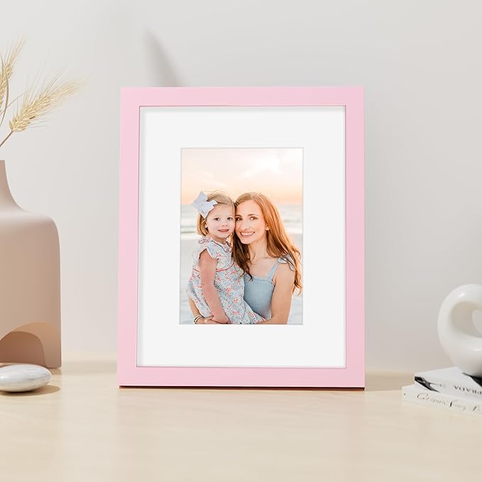 Vittanly 8x10 Picture Frame, Made of Solid Wood and Shatterproof Plexiglass, Display Pictures 5x7 with Mat or 8x10 without Mat, Wooden Photo Frame for Wall Mounting or Tabletop Display, Pink, 1 Pack