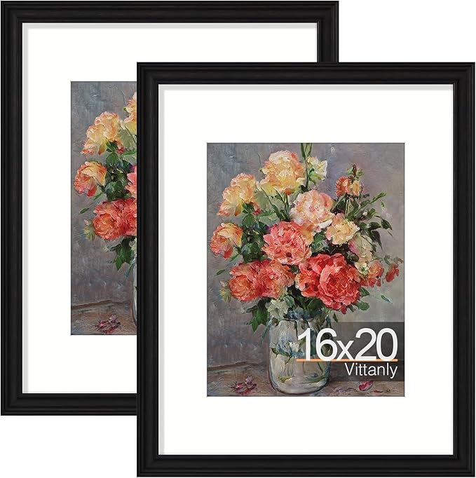 Vittanly 16x20 Picture Frames Set of 2, Ornate Vintage Photo Frame for Wall Mount, Display 11x14 Pictures with Mat or 16x20 without Mat, Vintage Black