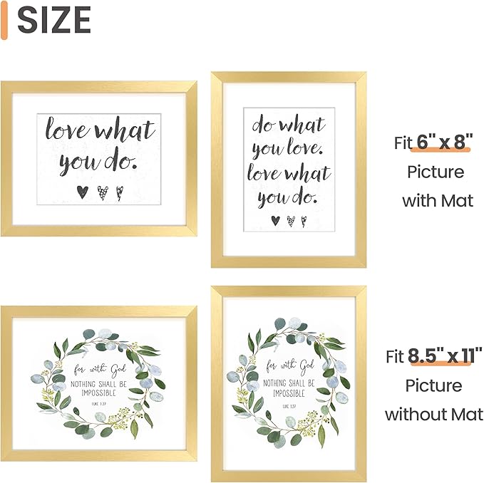 upsimples 8.5x11 Picture Frame Set of 10, Display Pictures 6x8 with Mat or 8.5x11 Without, Multi Photo Frames Collage for Wall or Tabletop Display, Gold