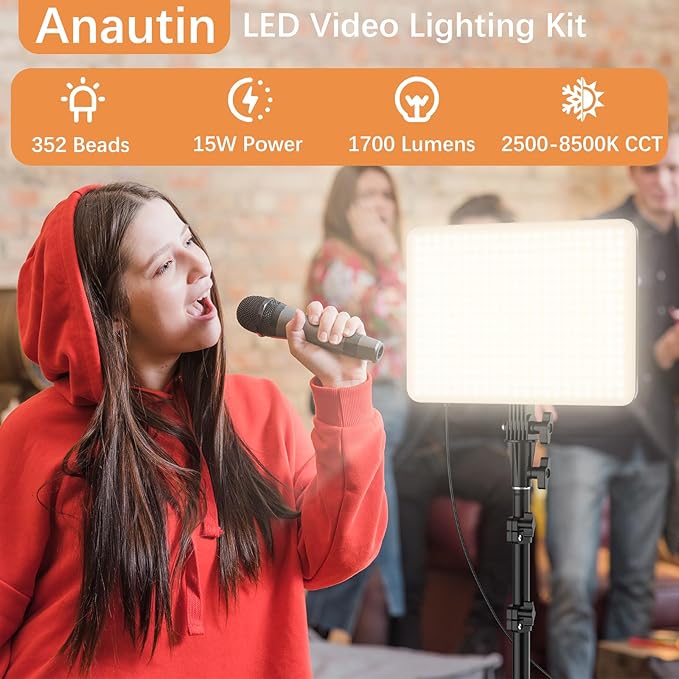 1-Pack LED Video Lighting Kit, Anautin 15W/1700Lux Photography Lighting with Tripod Stand, 2500-8500K Dimmable Streaming Light for Video Recording, Gaming, Podcast, Barber, Salon, TikTok, YouTube