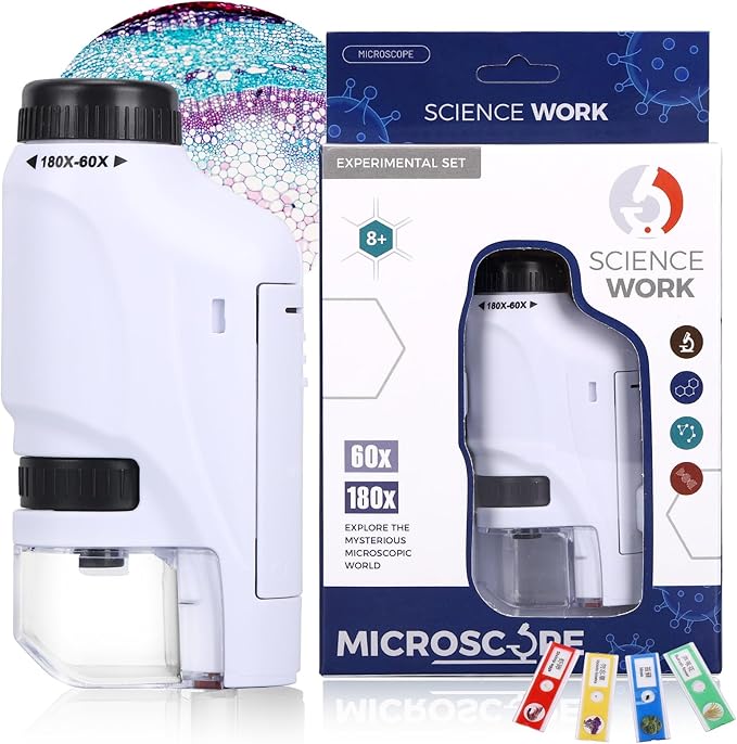Axlksia Mini Microscope for Kids and Adults, Handheld 60x-180x LED Lighted Pocket Microscope with 4 Slides for Student Science Lab Education (White)