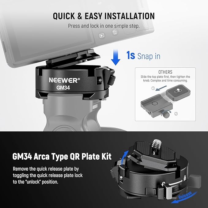 NEEWER GM34 Camera Quick Release Plate Kit, Quick Switch Auto Lock Square QR Mount Plate with Arca Type Clamp Base, Compatible with Arca Swiss Camera Clip, Max Load 11lb/5kg