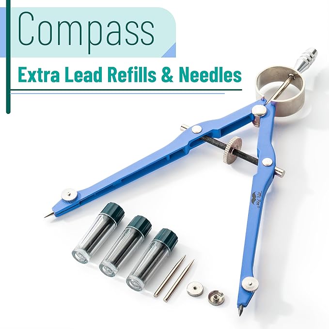 Mr. Pen- Professional Compass for Geometry, Blue with Extra Leads, Metal Compass with Lock, Drawing Compass, Geometry Compass, Math Compass, Compass Drawing, Drafting Compass, Drafting Tools