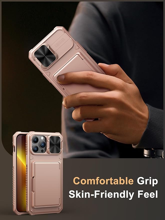 Vihibii for iPhone 13 Pro Max/iPhone 12 Pro Max Case with Card Holder (4 Cards), [RFID Blocking] & Slide Lens Camera Cover, Military Grade Drop Protection, Heavy Duty Wallet Phone Case, Rose Gold