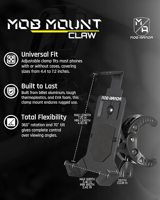Mob Armor Mob Mount Claw with 360° Rotation - Universal Phone Mounting Clamp for Motorcycle, Jeep, Dirt Bike, Car, ATV, Boat, Truck, Emergency Vehicle - Large, Black
