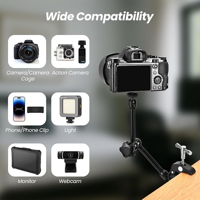 11’’ Magic Arm Super Clamp Kit 1/4" & 3/8" Screws, Small Rig Arm with Crab Clamp for DSLR,Phone,Monitor,Flash,LED Light,Camera Cage, Action Cam,360° Rotating, Table Mount