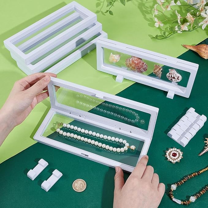 AHANDMAKER 5Pcs 3D Floating Display Case, 9.06"x3.54"x0.81" White Coin Display Case Transparent Film Storage Box, Case Frame Holder Stands for Shell Jewelry Challenge Coin, Pin, Commemorative Medal