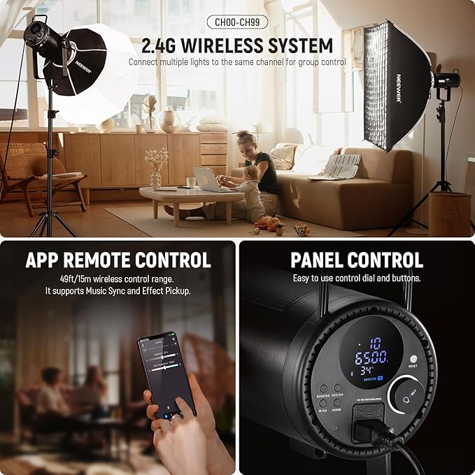 NEEWER CB300B 320W LED Video Light with 2.4G/APP Remote Control, All Metal Bi Color COB Continuous Output Lighting with Bowens Mount 150000lux/1m 2700K-6500K CRI/TLCI97+ 12 Effects for Video Recording