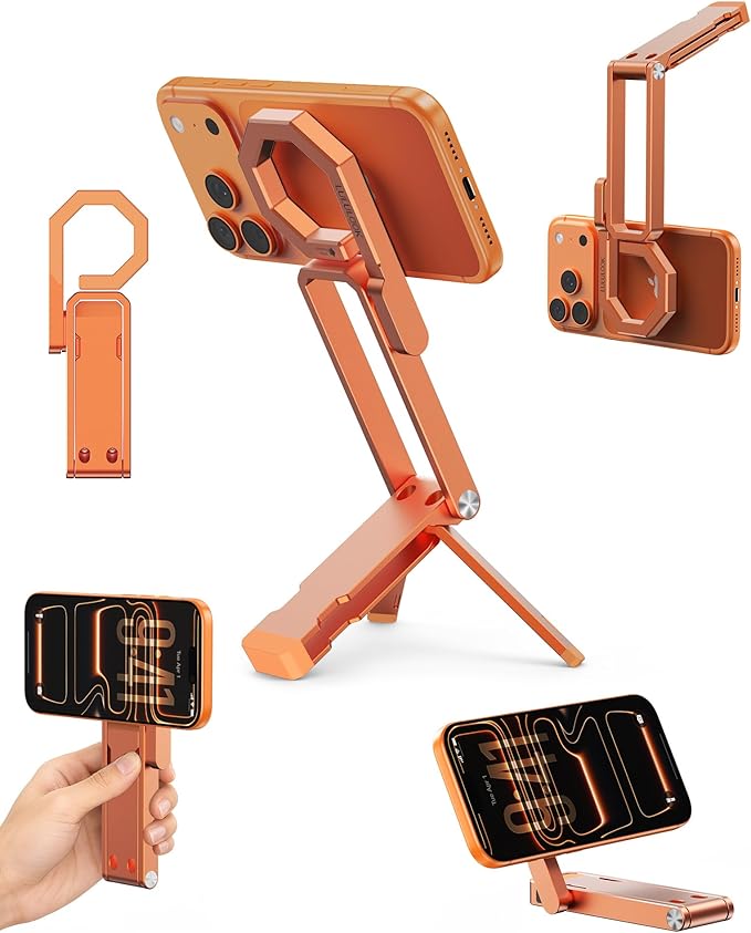 LULULOOK Rugged Magnetic Phone Tripod Stand for iPhone/Pixel 10 - Portable Strong Magnetic Phone Holder for Magsafe - Tripod Mount for iPhone 13/14/15/16/17 Pro Max & Air (Orange)