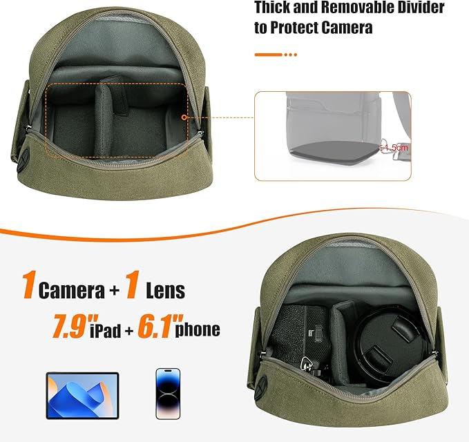 Cwatcun Camera Sling Bag Compact Small Camera Case, Waterproof Canvas Crossbody Camera Bag with Rain Cover, Travel Photography Bag for Canon Nikon Sony Fuji DSLR/SLR/Mirrorless Cameras, Lens, Green