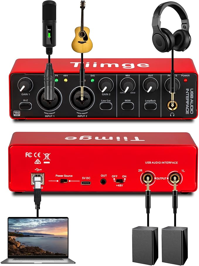 2x2 USB Audio Interface for PC, with 48V Phantom Power, 24Bit/192kHz High-Fidelity, Mic Preamplifier XLR/TSR/TS Ports, Compatible for Guitarist, Vocalist, Podcaster or Producer