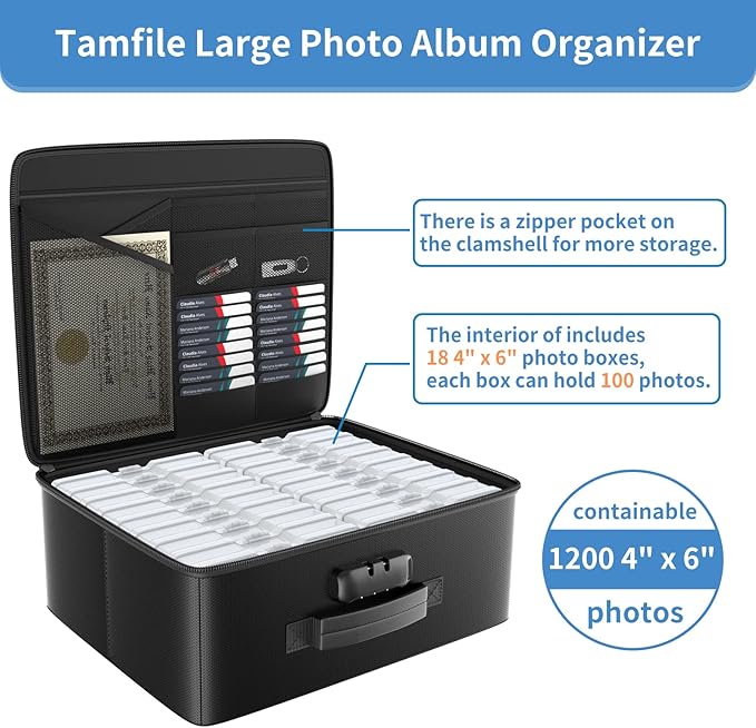 Fireproof Safe Photo Storage Box with 18 Inner 4" x 6" Clear Photo Cases, Portable Photo Organizer with Lock for Picture, Collapsible Photo Container with Handle and 18 Boxes 4 Sheet Label Stickers