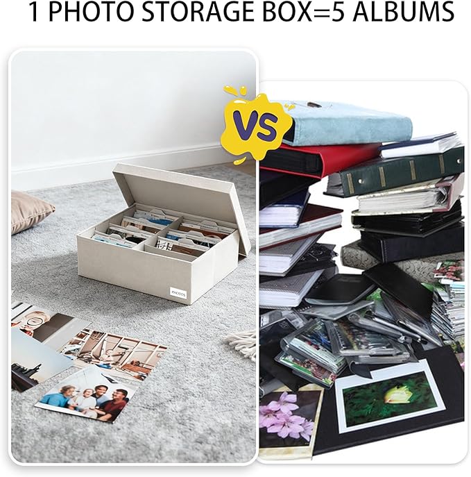 Himake Decorative Photo Storage Box - Linen Photo Box Organizers with Dividers, Fits Holds Up to 800 Photos in 8x10 inch Size, Portable Scrapbook Storage Containers with Lid (Beige)