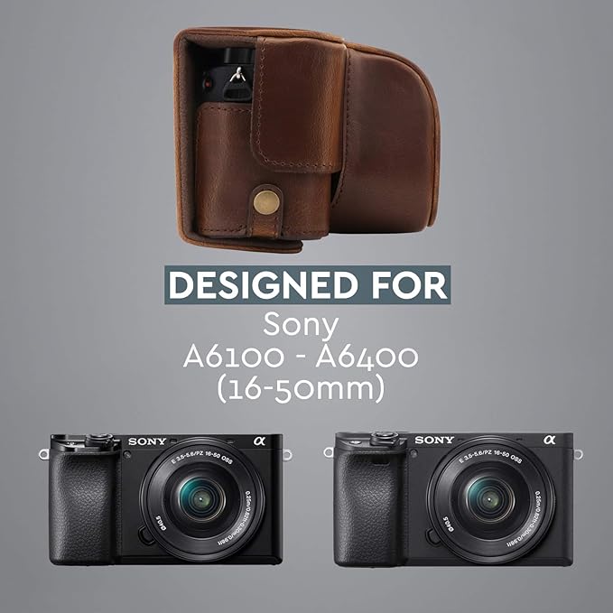 MegaGear MG1652 Ever Ready Leather Camera Case Compatible with Sony Alpha A6100, A6400 (16-50mm) - Brown