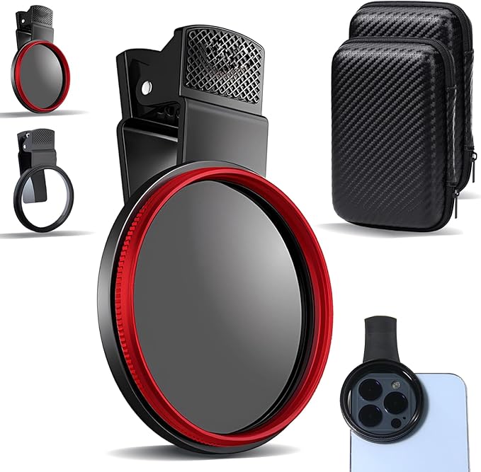 52mm Polarized Smart Phone, adjustments 52mm Polarizing Filter, Clip Design Phone Polarizing Lens, Featuring A Polarizing Filter & Variable ND Filters, for All Phones (Red,1PC)