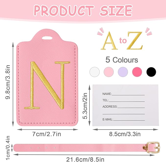 Initial Letter Luggage Tags for Suitcases, Personalized Embroidered Letter Luggage Bag Suitcase Identifier Name Tag, Cute PU Leather Travel Luggage Tags, Bag Tags for Luggage Handbags(Pink N)