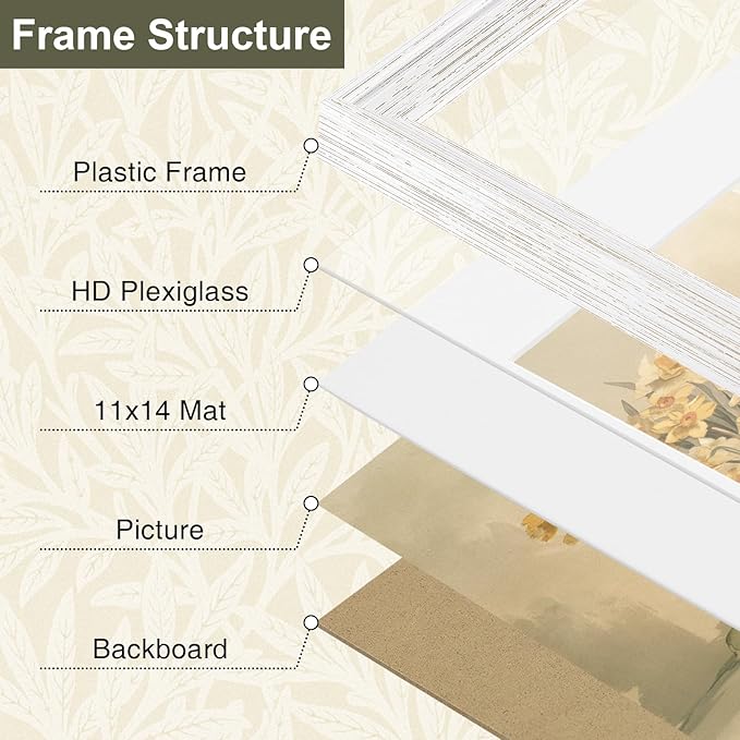 Vittanly 12x16 Picture Frame Set of 4, Vintage Photo Frame for Wall Mount, Display 8.5x11 Pictures with Mat or 12x16 without Mat, Rustic Farmhouse Home Decor, Vintage White