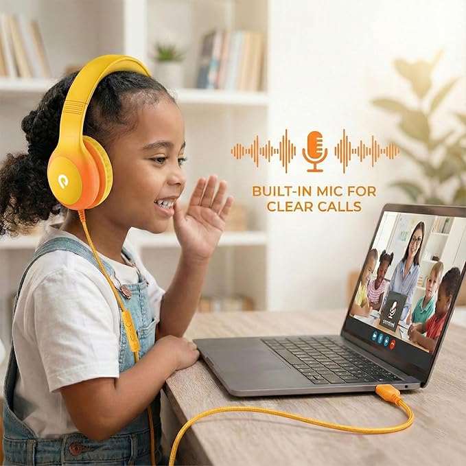 Wired Kids Headphones with USB C Plug, 85dB Safe Volume, Adjustable Headband, Tangle-Free Cord Headphones for School, Tablet, Travel (Yellow & Orange, with Microphone)