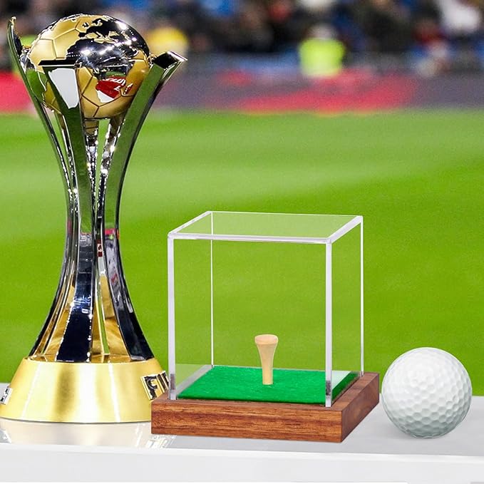 Clear Acrylic Golf Ball Display Case with Wood Base & Tee, Memorabilia Stand Cube Holder, Dust Protection Transparent Storage Box for Single Ball Souvenir Golfball Collections