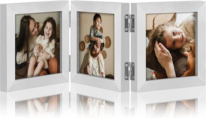 decorUhome Triple 4x4 Picture Frame Vertical, Engineered Wood Trifold Photo Frame with Plexiglass for Tabletop Display, 4x4, Silver