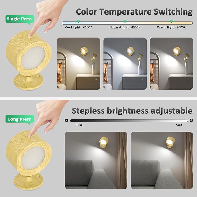 Lightbiz LED Wall Sconces, Wall Mounted Lamp 3 Pcs with Remote Rechargeable Battery Operated, 3 Color Temperatures & Dimmable Wall Lights Magnetic 360° Rotation Light
