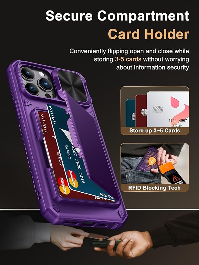 Vihibii for iPhone 13 Pro Max/iPhone 12 Pro Max Wallet Case, Built-in Card Holder (4 Cards), [RFID Blocking] & Slide Camera Cover, Military Grade Drop Protection, Rugged Hard Phone Case, Dark Purple