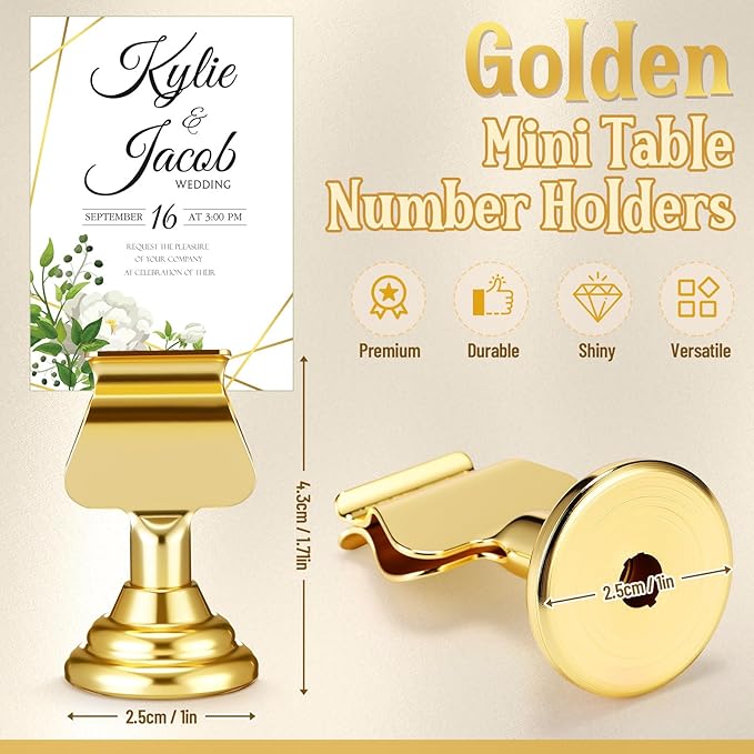 Kathfly 24 Pcs Metal Table Number Holders 1.7 Inch Gold Mini Place Card Holders Bulk Harp-clip Table Sign Stands Card Holder Display Picture Memo Notes Menu for Weddings Restaurants Birthday Decor