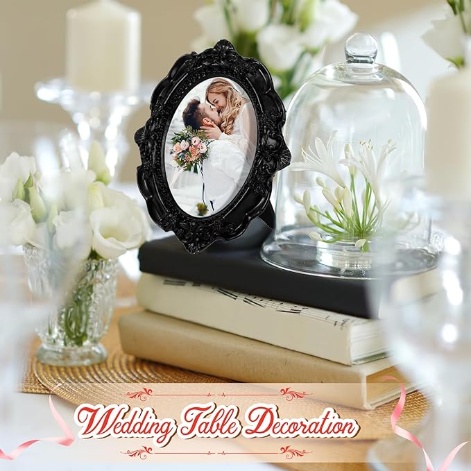 Maitys 5 Pcs Mini Picture Vintage Frames with Stands Tiny Antique Photo Baroque Ornate Resin Oval Frame Table Top Display Home Wedding Decor (Black)