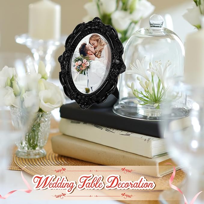 Maitys 10pcs Mini Picture Vintage Frames with Stands Tiny Antique Photo Baroque Ornate Resin Oval Frame Table Top Display Home Wedding Decor (Black)