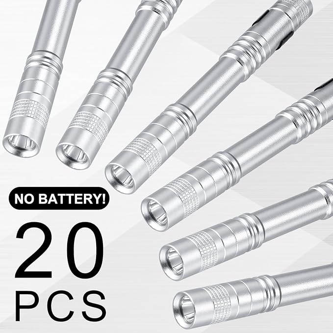Hortsun 20 Pcs Mini Pen Light Flashlights Christmas Gifts for Men Pocket Flashlights Pen with Clip Small LED Handheld Slim Torches Without Battery(5.12 Inch,Silver White)