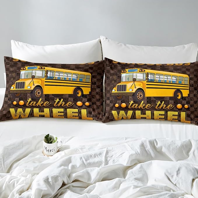 Erosebridal School Bus Sheet Set Full for Boys Teens Grids Camouflage Flat Sheet Kids Girls Youth School Car Fitted Sheet Lattice Camo Design Soft Microfiber Bed Sheet Set with 2 Pillowcases