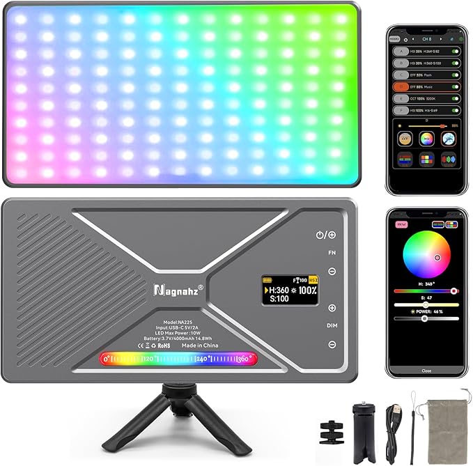 NA225 RGB Video Light App Control, 2500K-9900K, Build-in 4000mAh Rechargeable Battery Portable Phone Camera Photo Lights for Studio Photography Vlogging Streaming Live Beauty and Filming